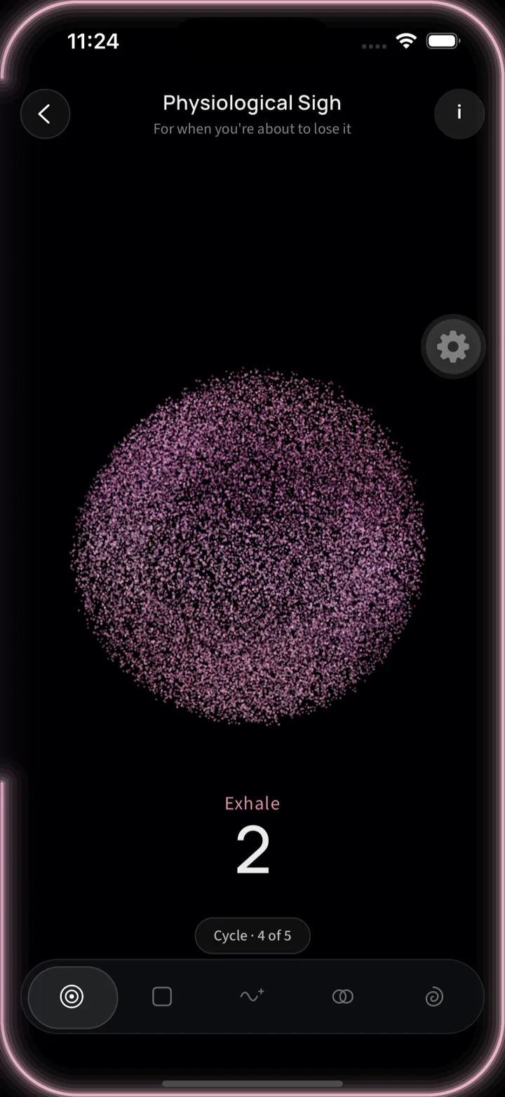 An Air Break session running in the fine app: a breathing sphere made of thousands of particles, labelled Physiological Sigh — for when you're about to lose it — counting an exhale through cycle 4 of 5.