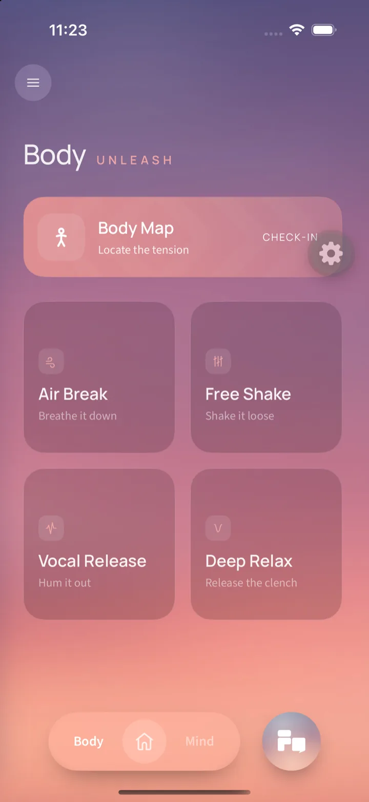 The Body surface in the fine app on an iPhone: a Body Map check-in card reading 'Locate the tension' above a grid of four releases — Air Break, Free Shake, Vocal Release and Deep Relax.