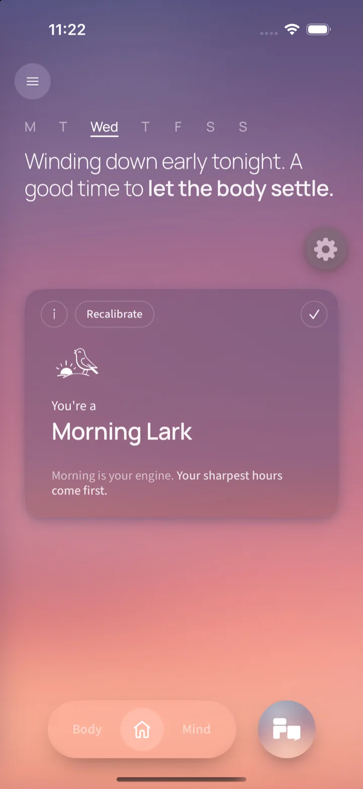 The chronotype result on the fine Home screen: 'You're a Morning Lark — morning is your engine, your sharpest hours come first', with Info and Recalibrate controls.
