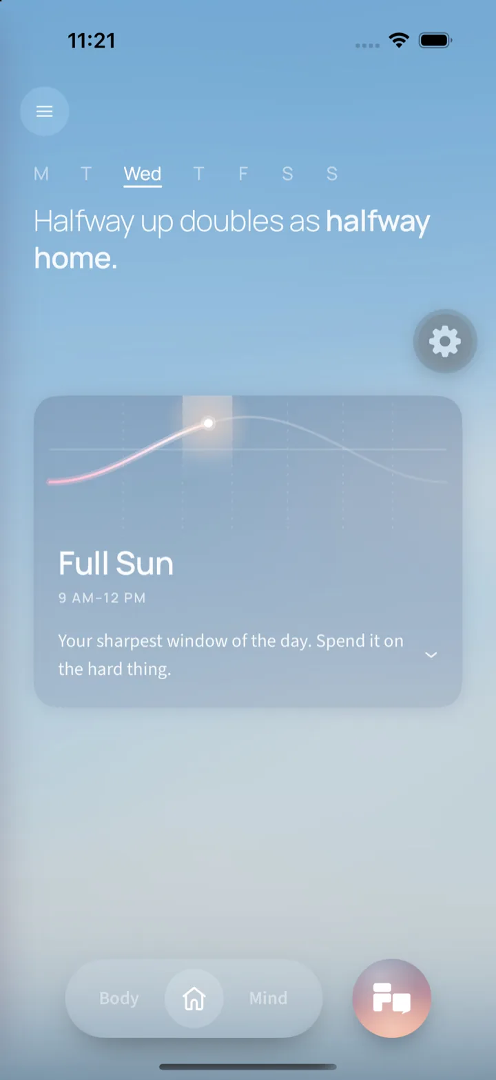 The fine Home screen on an iPhone at midday: a weekday strip, the line 'Halfway up doubles as halfway home', and a card naming the current window Full Sun, 9 AM to 12 PM, over a curve of the day.
