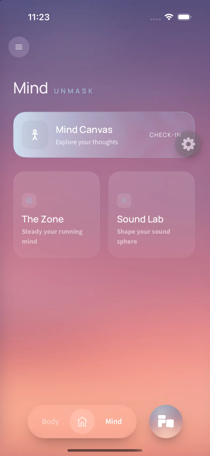 The Mind surface in the fine app: a Mind Canvas check-in card reading 'Explore your thoughts' above two tiles, The Zone and Sound Lab.